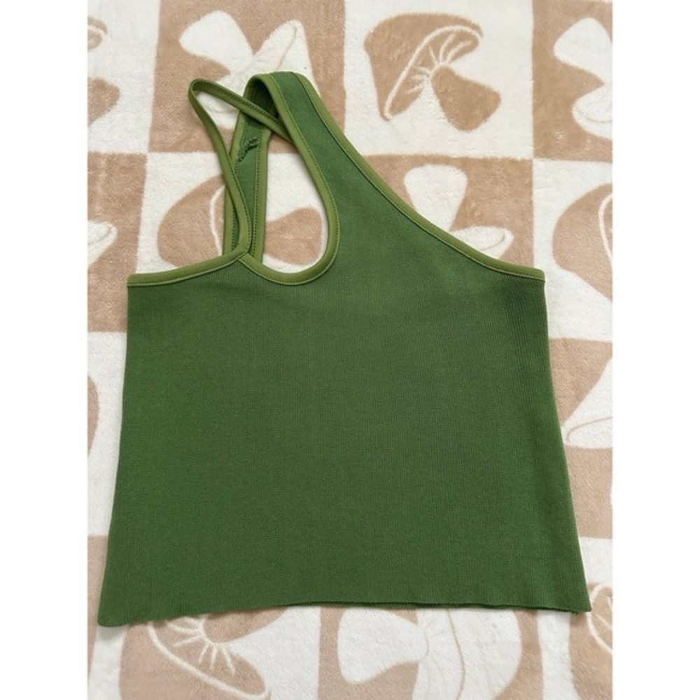 Bright Green Ribbed Stretchy Asymmetrical Strap Tank Top‎ S/M